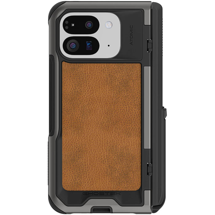 Google Pixel 9 Pro Fold Case Gunmetal Brown Leather Kickstand Metal