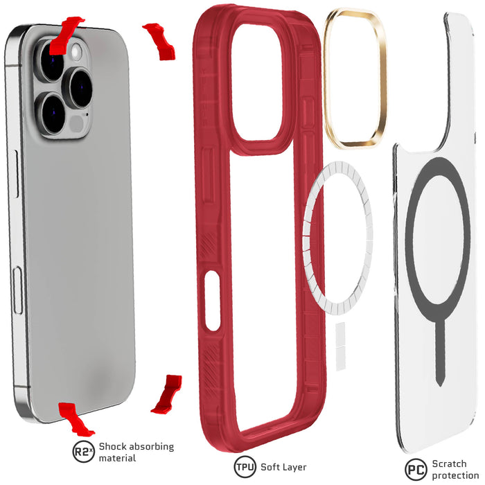 Clear iPhone 16 Pro Red Protective Phone Case MagSafe Cover Magnetic