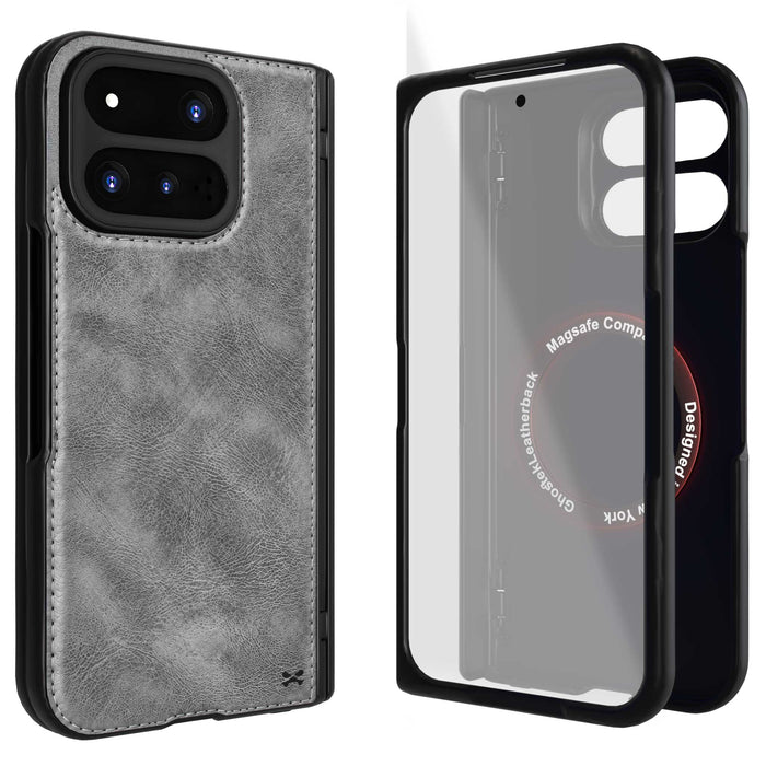 Google Pixel 11 Pro Fold Gray Leather Case MagSafe Magnetic Hinge Cover Screen Protector Premium